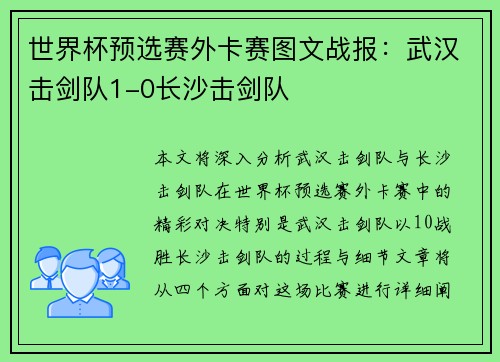世界杯预选赛外卡赛图文战报：武汉击剑队1-0长沙击剑队